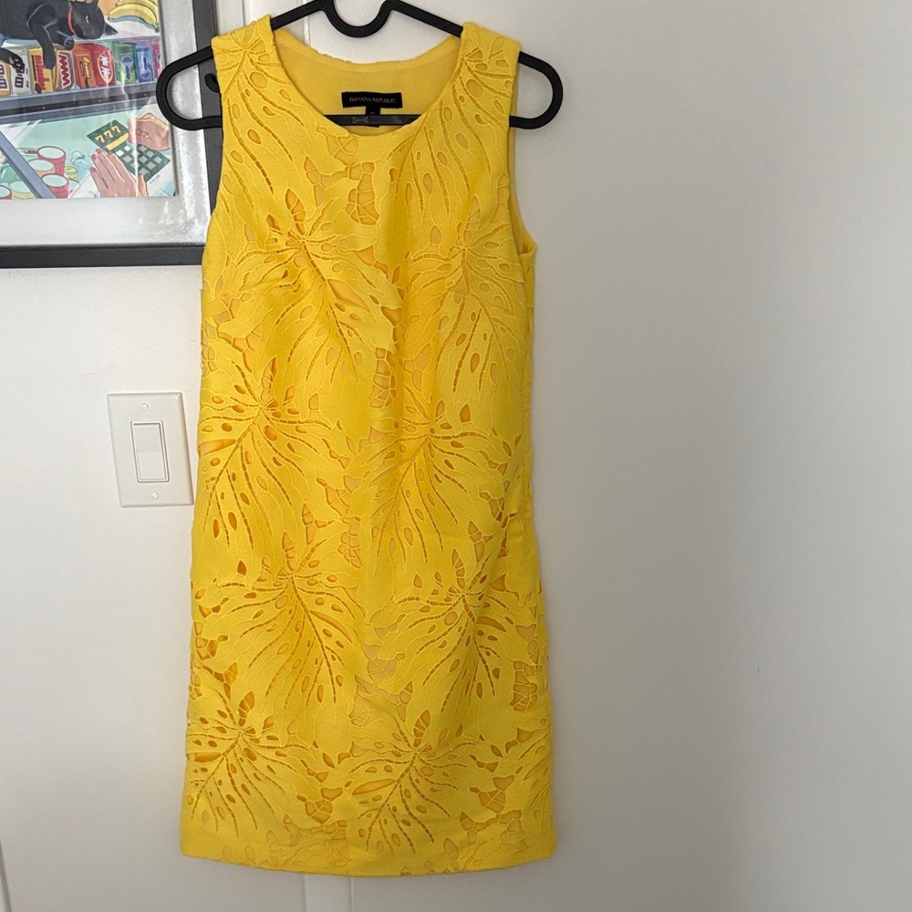 Banana Republic Bright Yellow Floral Laser-Cut Shift Dress